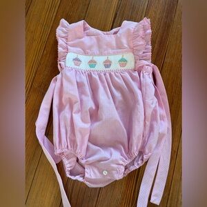 Pink Gingham Birthday Cupcake Smocked Baby Bubble